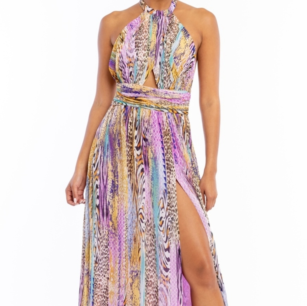 Luxxel Purple Animal Print Halter Dress NWT